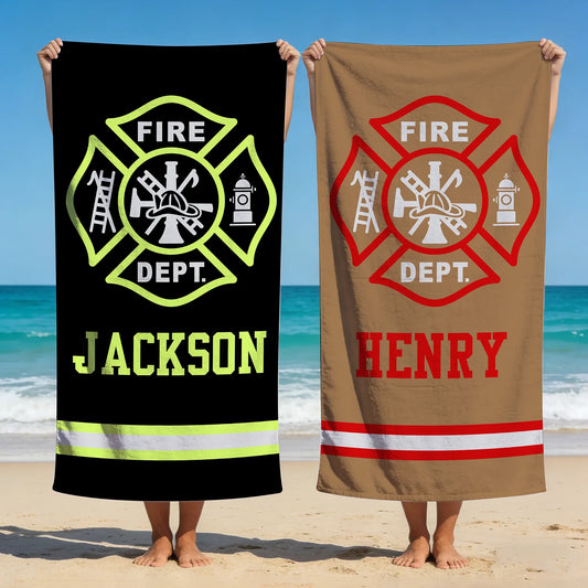 Personalized Firefighting Element Oversized Quick Dry Beach Towel with Name Beach Travel Essentials Father's Day Birthday Gift for Firefighter Dad