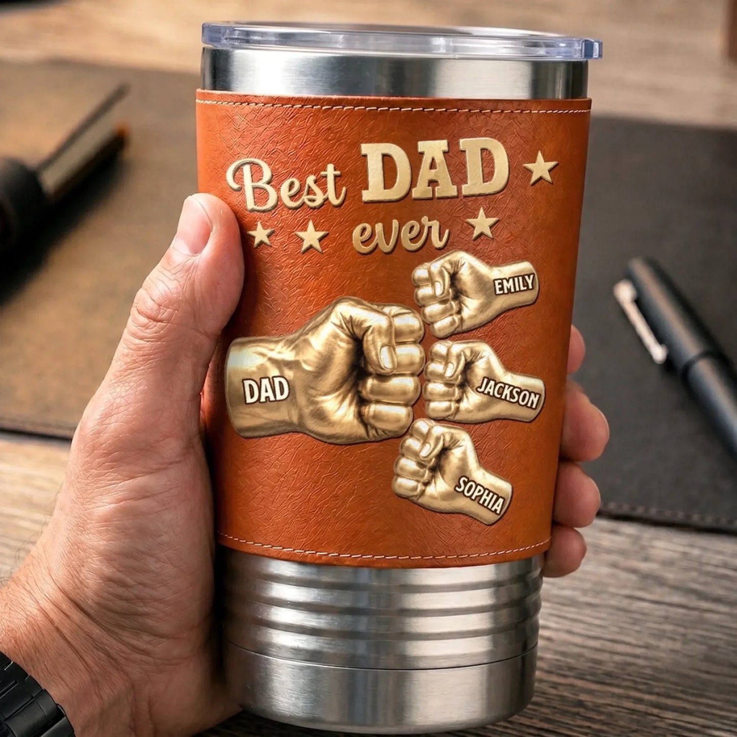 Custom Leather Tumbler - Personalized Dad and Kids Fist Bump Names Father's Day Gift