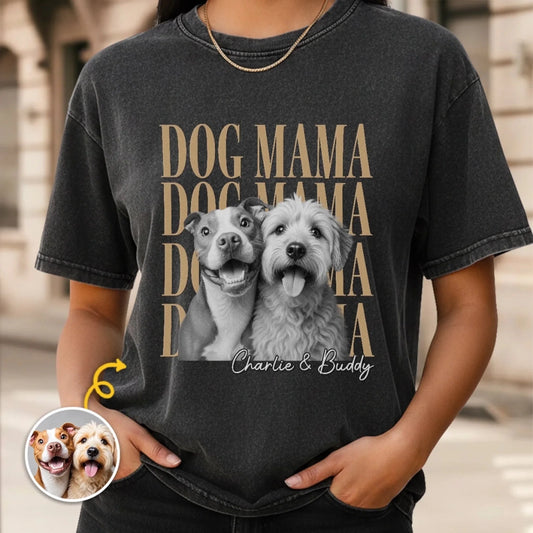 Custom Photo Washed Cotton T-shirt - Personalized Birthday Gifts For Dog Cat Lovers, Dog Dad And Mom, Cat Owners - Proud Dog Mama
