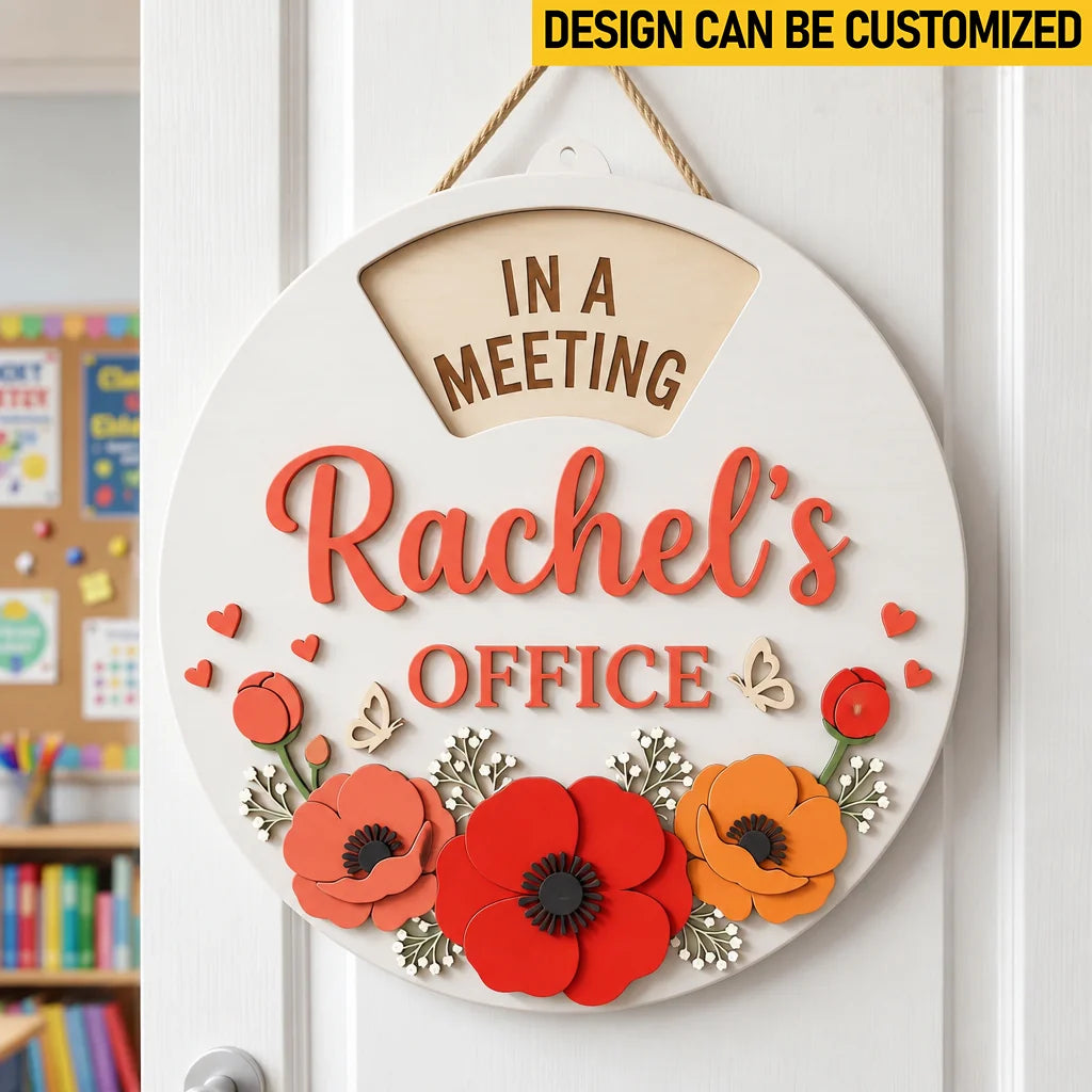 Custom Rotating Wooden Door Sign - Personalized Wildflower Office Door Hanger with Spinning Availability Display