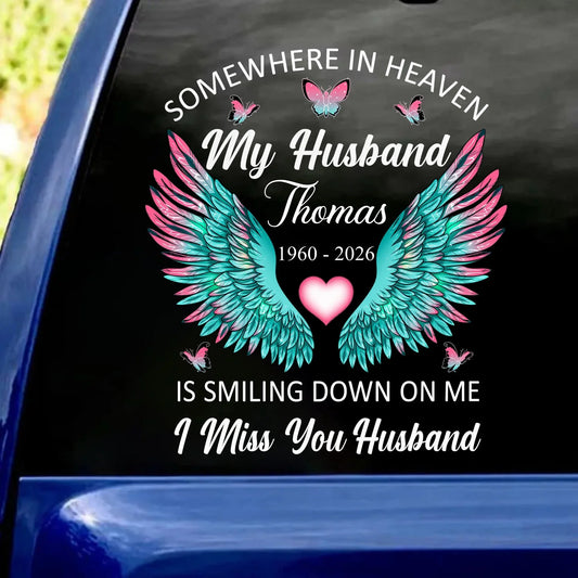 Custom Decal-Personalized Angel Wings Window Sticker, In Loving Memory Husband Gift, Bereavement Car Decal-I Miss You Memorial Husband