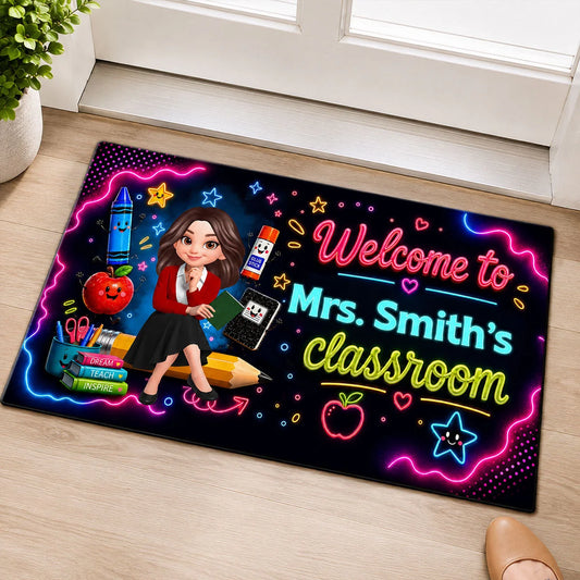 Custom Doormat-Personalized Back To School Gift For Teacher, Classroom Decor-Neon Lights Colors