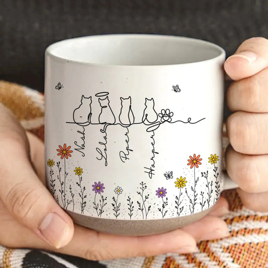 Costom Pottery Mug-Personalized Gift For Cat Lovers, Boho Floral Line Art Cat-My Heart Belongs To These Cats