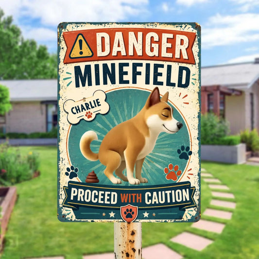 Custom Metal Sign - Personalized 3D Effect Dog Proceed With Caution Metal Sign ,Danger With Minefield
