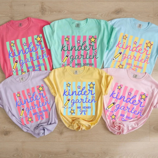 Custom T-Shirt - Personalized Kindergarten Tee,Retro Stripe Kindergarten Team Shirt, Back toSchool, Kindergarten Teacher Tee,Their FirstSchool Year, My Forever Memories