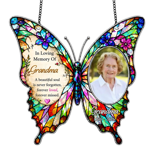 Memorial A Beautiful Soul Is Never Forgotten - Personalized Acrylic Suncatcher, Butterfly Suncatcher, Custom Photo Memorial Window Decor, Bereavement Gift