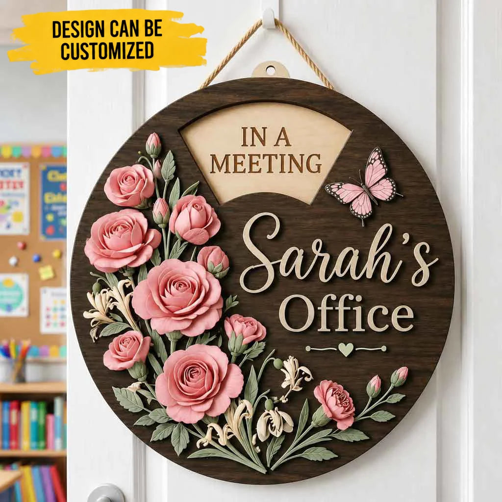 Custom Rotating Wooden Door Sign - Personalized Name & Birth Flower Wooden Office Plaque, 6 Rotating Text,Gift for Her