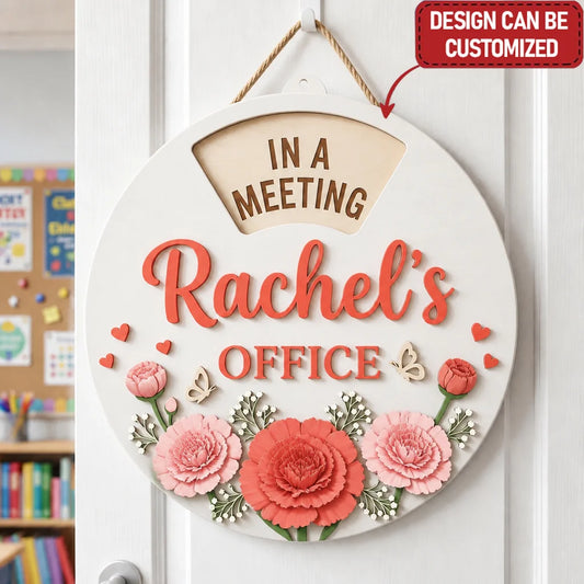 Custom Rotating Wooden Door Sign - Personalized Name & Boho Birth Flower Illustrated Wooden Plaque, 6 Rotating Texts, Bohemian Botanical Gift for Her