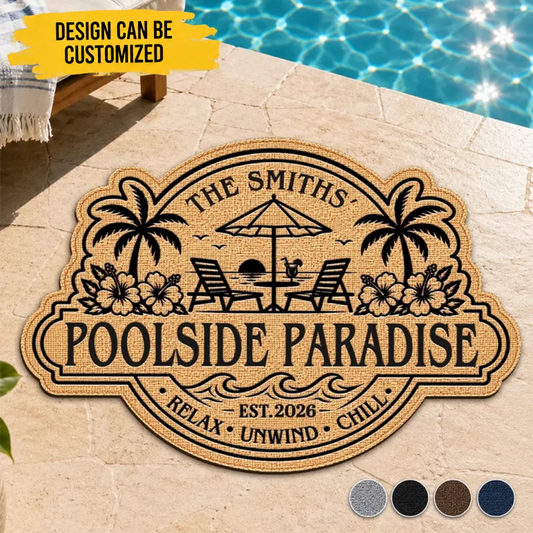 Custom Poolside Shaped Doormat - Personalized Summer Vacation And Travel Gifts For Mom, Dad, Brother, Sister, Kids - Welcome To Our Happy Place