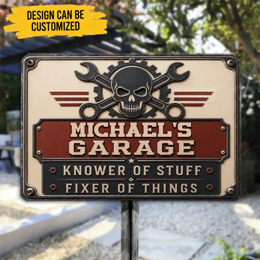 Custom Metal Sign - Personalized Garage Name Sign with Skull & Wrench - Gift for Mechanics,Dad,Husband
