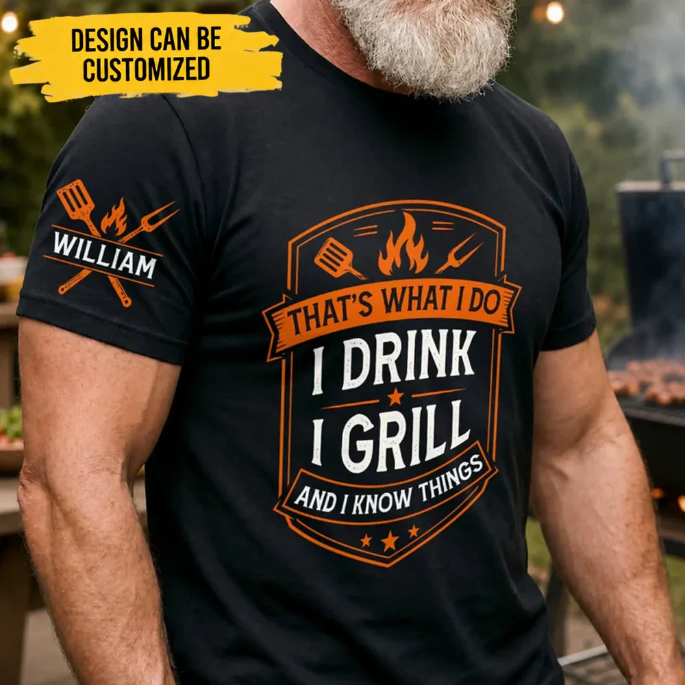 Custom BBQ Unisex T-Shirt With Design On Sleeve - Personalized Grilling Gifts For BBQ Lovers, Husband, Son, Grandson, Brother, Grandpa, Dad, Yourself - Grill Master Mode