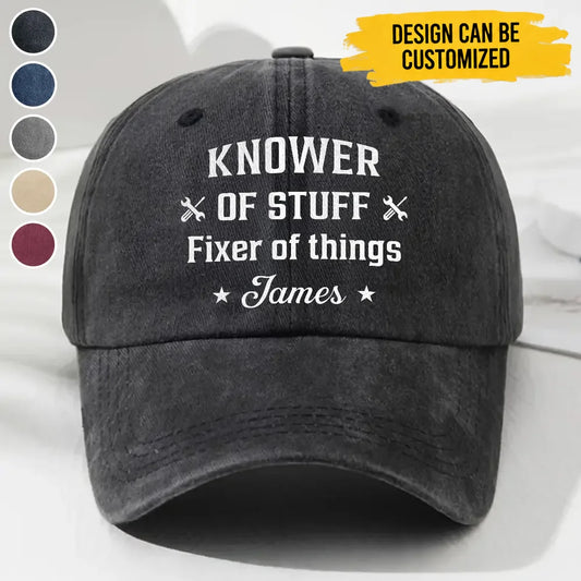 Custom Vintage Washed Denim Cap - Personalized Funny Knower of Stuff Embroidered Cap - Unique Gift for Handy Dads & Husbands