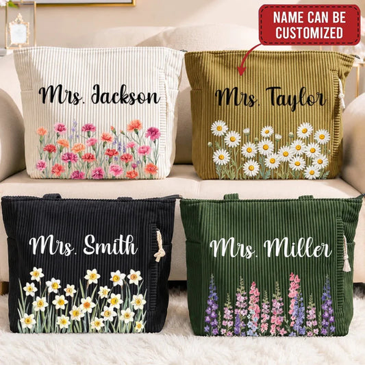Custom Corduroy Tote Bag - Personalized Teacher Appreciation, Back To School Gifts For Teachers - Beautiful Growth In Every Lesson