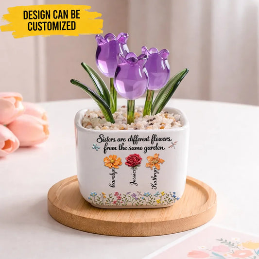 Custom Glass Everlasting Tulips - Personalized Floral Name Keepsake Pot - Sentimental Gift for Sisters, Mom & Best Friends