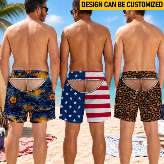 Custom Funny Patriotic Men Swim Trunks - Personalized Birthday Gifts For Husband, Son, Grandson, Brother, Grandpa, Dad, Yourself - Fake It From Behind
