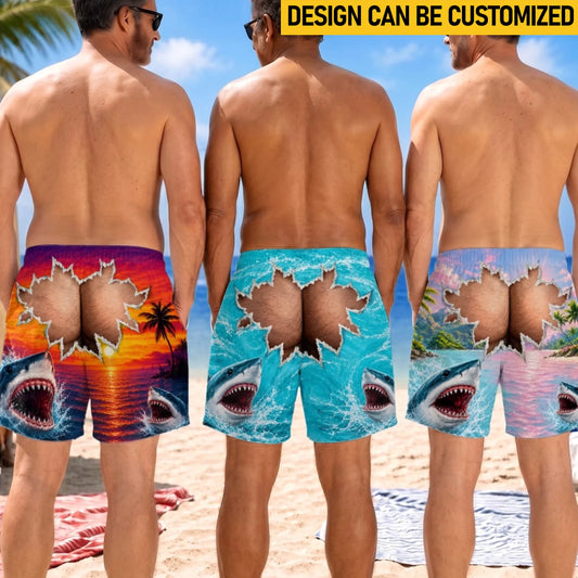 Custom Funny Men Swim Trunks - Personalized Birthday Gifts For Husband, Son, Grandson, Brother, Grandpa, Dad, Yourself - Watch Out For Sharks