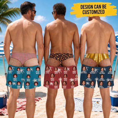 Custom Photo Funny Men Swim Trunks -Personalized Tropical Hawaiian Aloha Men Beach Shorts - Summer Vacation Gift, Birthday Party Gift For Husband