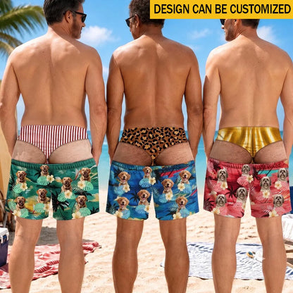 Custom Pet Photo Funny Men Swim Trunks-Personalized Summer Vacation And Travel Gifts For Family, Dog Cat Lovers - Life Is Better With Sandy Paws