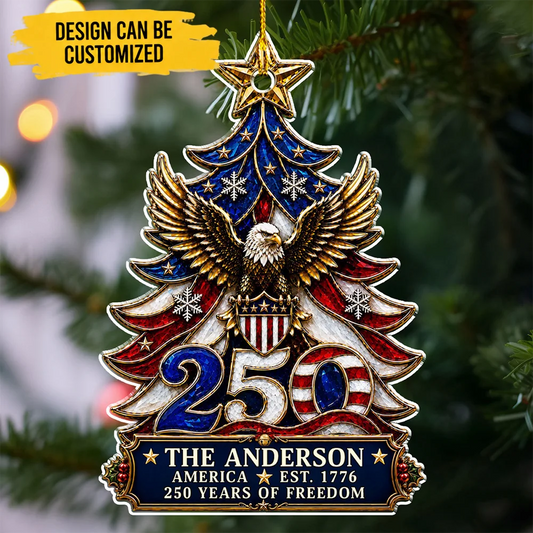 Custom Acrylic Ornament - Personalized America 250th Anniversary Family Name Christmas Tree Ornament for Patriotic Families