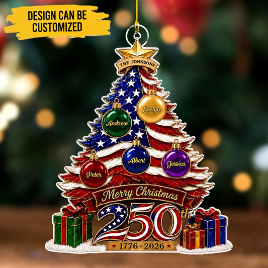 Custom Acrylic Ornament - Personalized Merry Christmas America 250th Family Name & Members Ornament for Patriotic Families