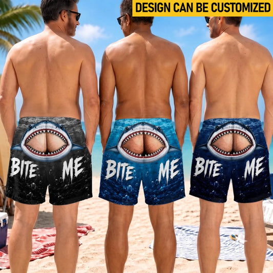 Custom Funny Men Swim Trunks - Personalized Birthday Gifts For Husband, Son, Grandson, Brother, Grandpa, Dad, Yourself - Cheeky Shark Attack