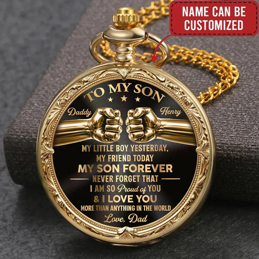 Custom Print Pocket Watch - Personalized Name & Signature Son Forever Keepsake Watch - For Boys & Young Men