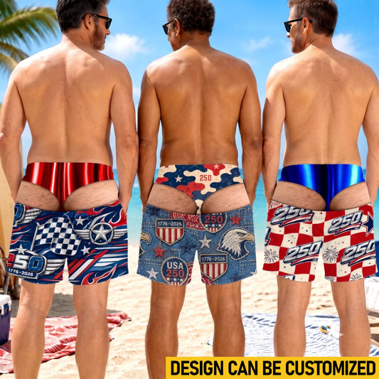 Custom Funny Men Swim Trunks - Personalized Birthday Gifts For Husband, Son, Grandson, Brother, Grandpa, Dad, Yourself - Freedom Never Looked So Cheeky