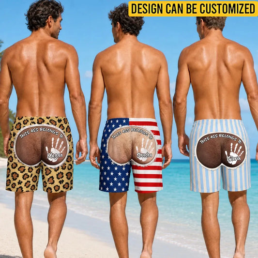 Custom Beach Shorts - Personalized Name Leopard Print Joke Swim Shorts - For Him, Gag Gifts & Beach Lovers