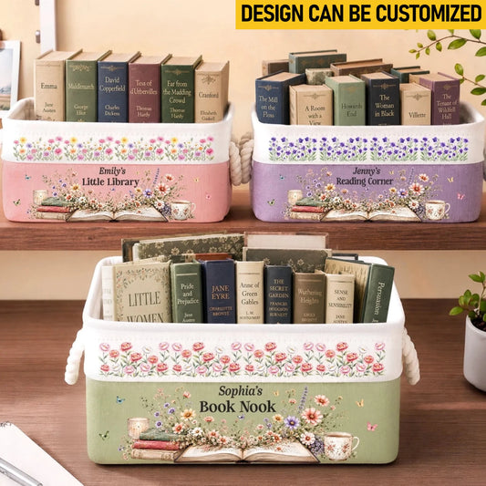 Custom Storage Basket - Personalized Bookish Gifts For Book Lovers, Bookworms, Readers - Happiness Is A Full Bookshelf