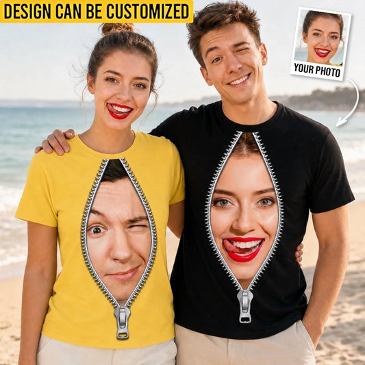 Custom Photo AOP T-Shirt - Personalized Your Face Zipper Reveal All-Over Print Shirt - For Couples, BFFs & Gag Gifts