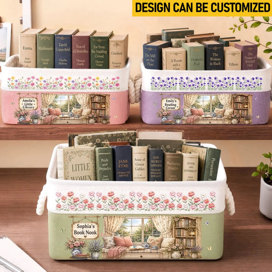 Custom Storage Basket - Personalized Bookish Gifts For Book Lovers, Bookworms, Readers - Where Peonies And Books Greet You