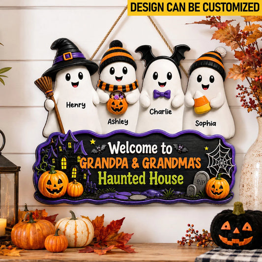 Custom Wood Sign - Personalized Halloween Decoration For Grandparents - Halloween Welcome To Grandma Grandpa Haunted House Cute Boo Kids