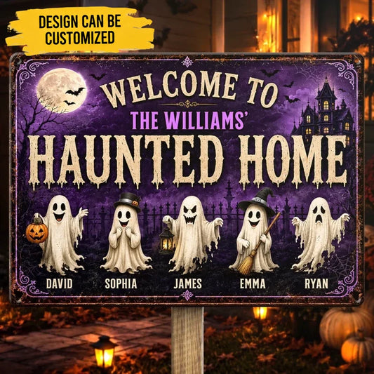 Custom Ghost Home Decor Metal Sign - Personalized Halloween Birthday Gifts For For Mom, Dad, Brother, Sister - Ghosts Live Here Full Time