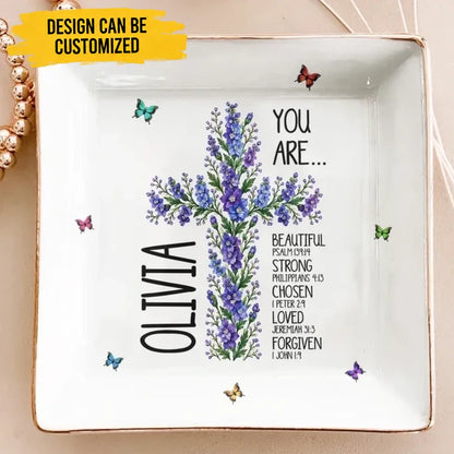Birth Flower Cross You Are Bible Verse Affirmations - Personalized Jewelry Dish