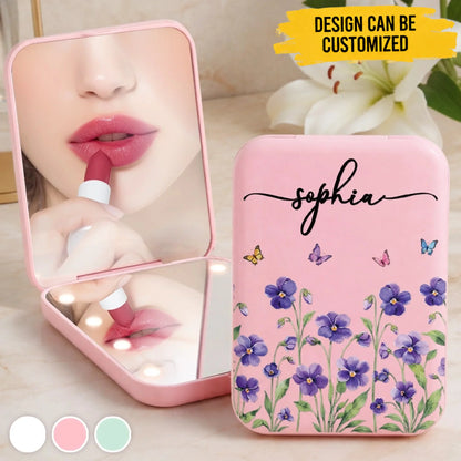 Custom Name Floral Butterfly Gifts for Women - Personalized LED Compact Makeup Mirror