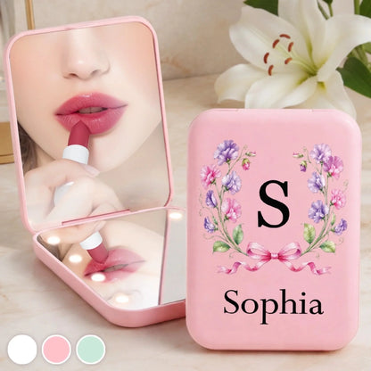 Custom Name Floral Monogram Gifts for Women - Personalized LED Compact Makeup Mirror