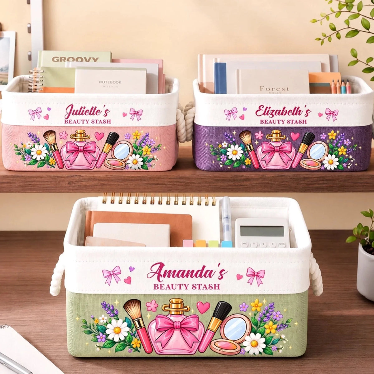 Custom Name Beauty Stash Gifts for Women - Personalized Storage Basket - Beauty Stash