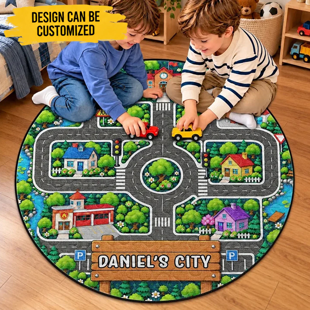 Birthday Gift For Kids Boys Toddler - Personalized Name Sign City Road Car Track Map Rug
