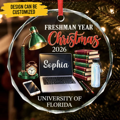 Custom Name Freshman Year Christmas Gifts for College Students - Personalized Glass Ornament